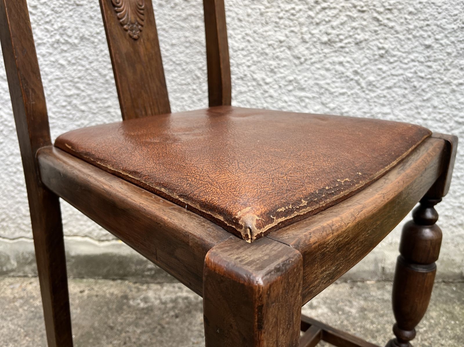 photo for sale Pair Of Vintage Oak Dining Chairs Tudor Jacobean Farmhouse Carved Wooden Chairs