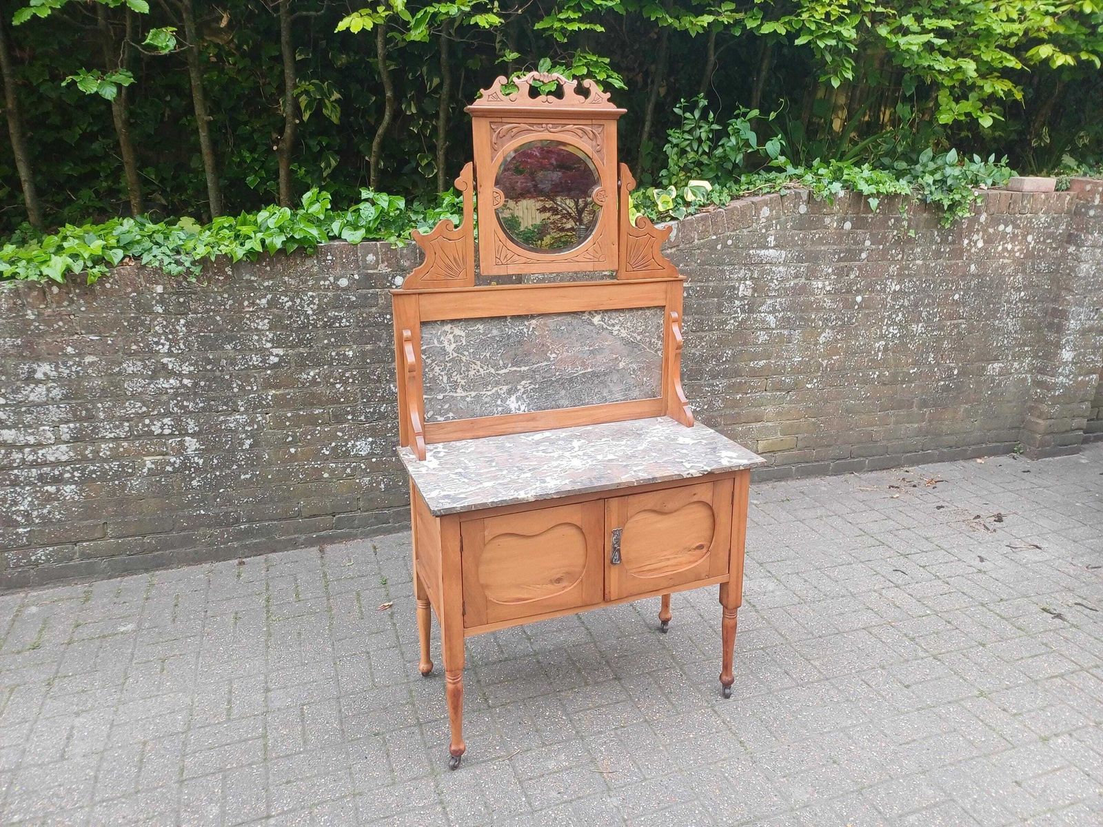 photo for sale Antique Satinwood Washstand Dressing Table C1900 Marble Top Bevelled Mirror Art Nouveau Carved Vanity Cabinet On Castors