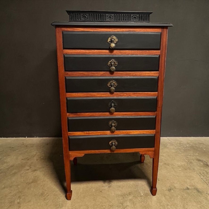 Antique Style 6 Drawer Chest Tallboy Cabinet Black/Wood 102cm photo furniture