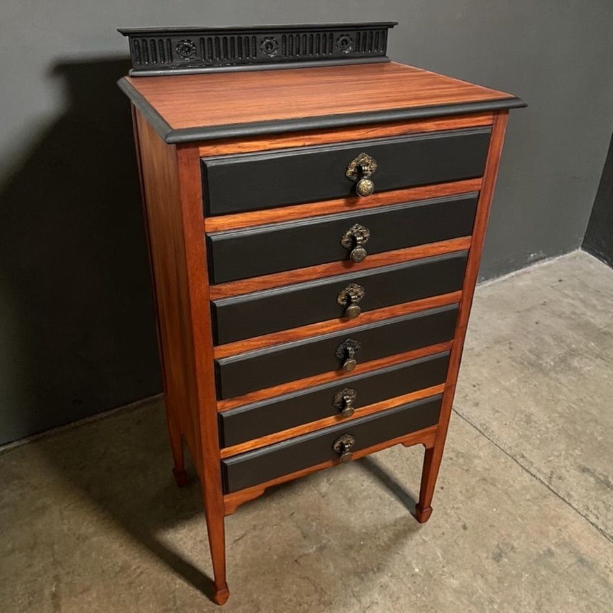 Antique Style 6 Drawer Chest Tallboy Cabinet Black/Wood 102cm photo Furniture