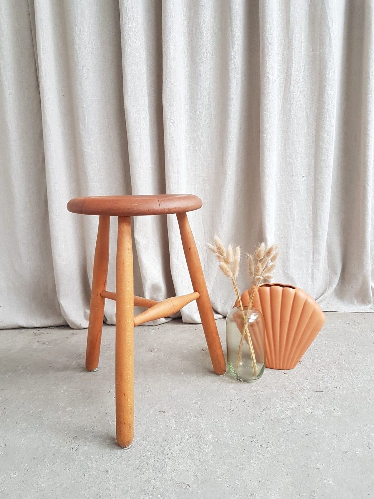 Vtg Mid Century Swedish Scandi Beech Tripod Stool Chair Danish Retro #415