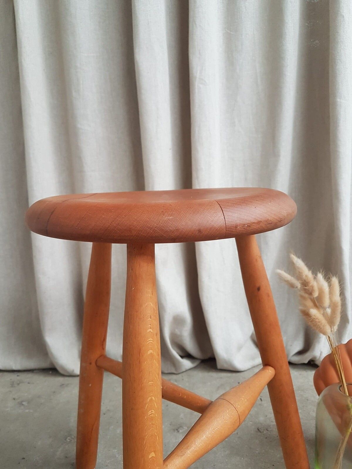 Vtg Mid Century Swedish Scandi Beech Tripod Stool Chair Danish Retro #415 photo vinterior