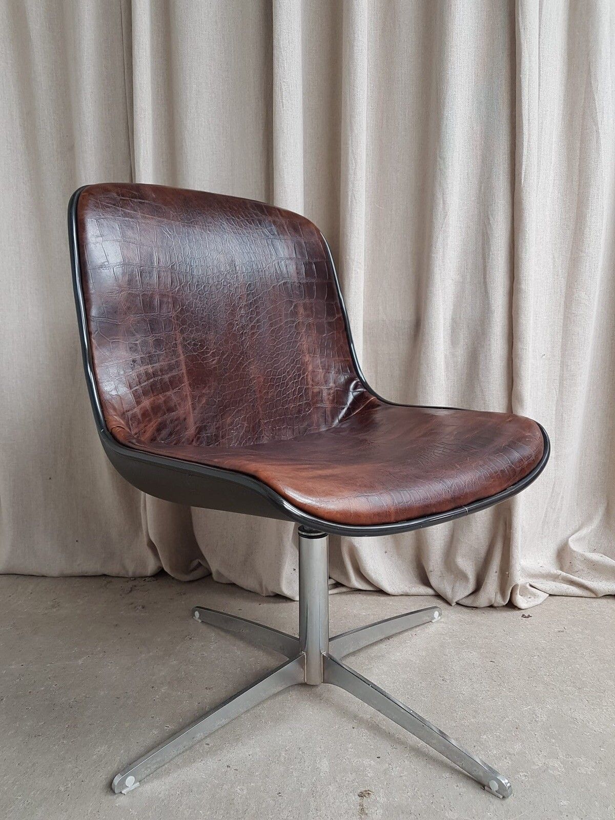 Vtg Mid Century Modernist Chrome Leather Swivel Chair By Charles Pollock #389 photo buy