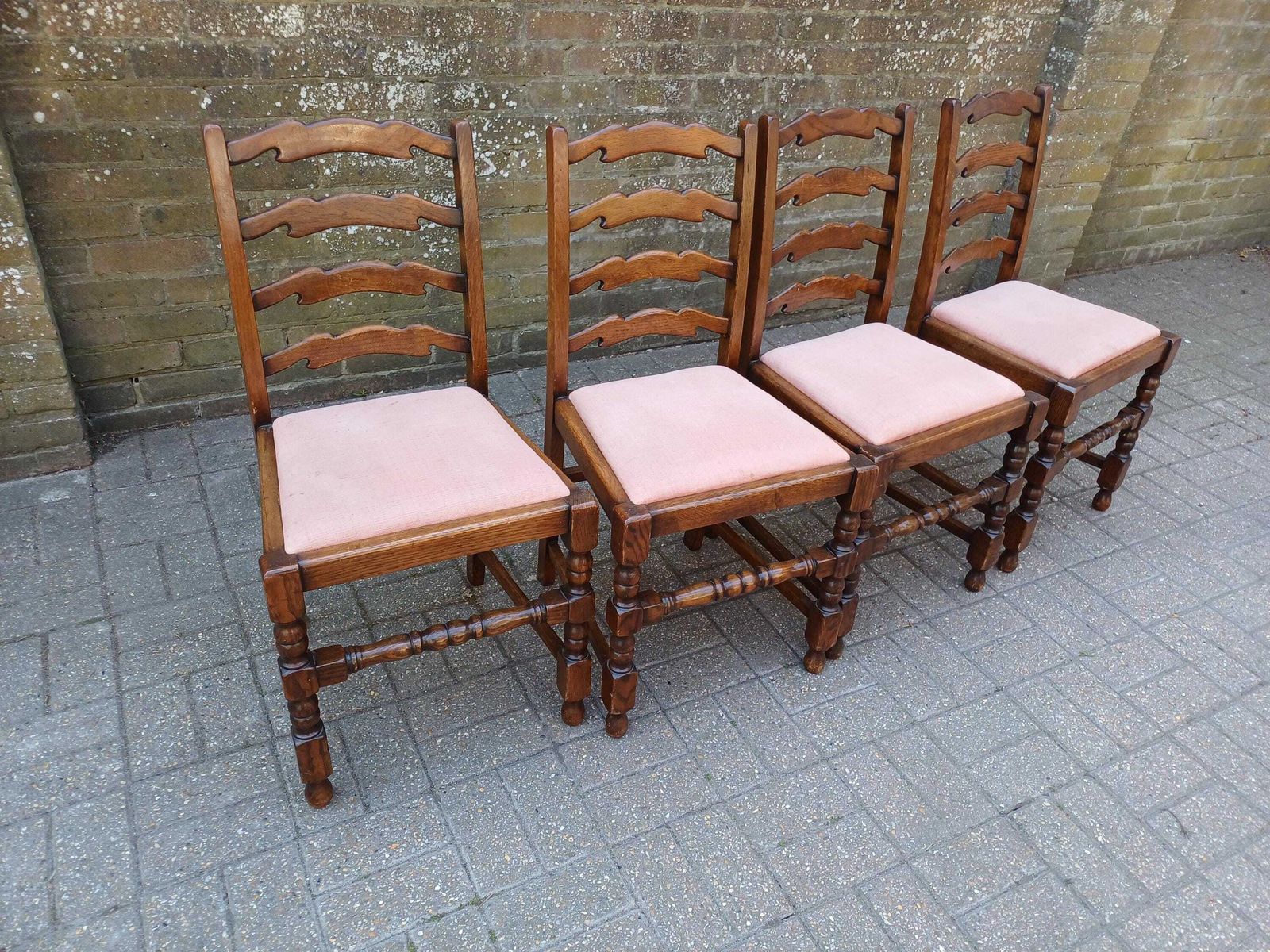 Vintage Ladder Back Dining Chairs Set Of 4 Rustic Farmhouse Kitchen Chairs Solid Oak Turned Legs Upholstered Seats photo vintage