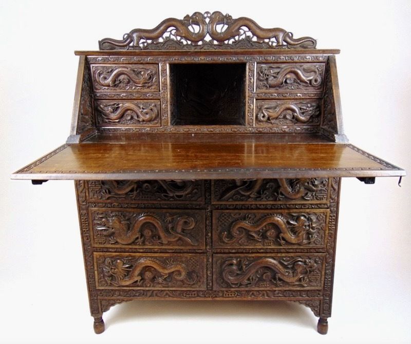 Antique Hand Carved Chinese Export Teak Bureau Wonderful Dragon Carvings
