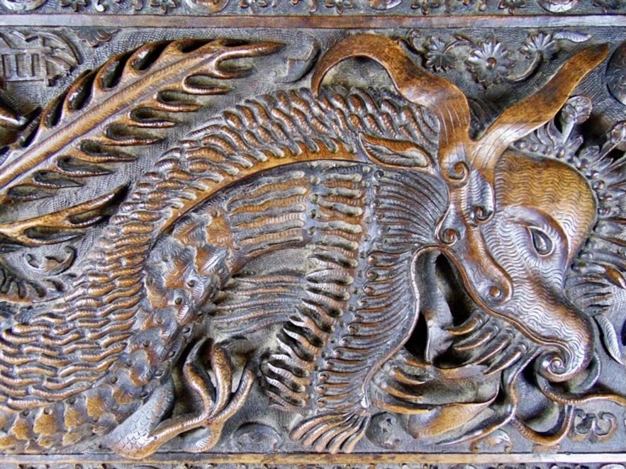 Antique Hand Carved Chinese Export Teak Bureau Wonderful Dragon Carvings photo for sale