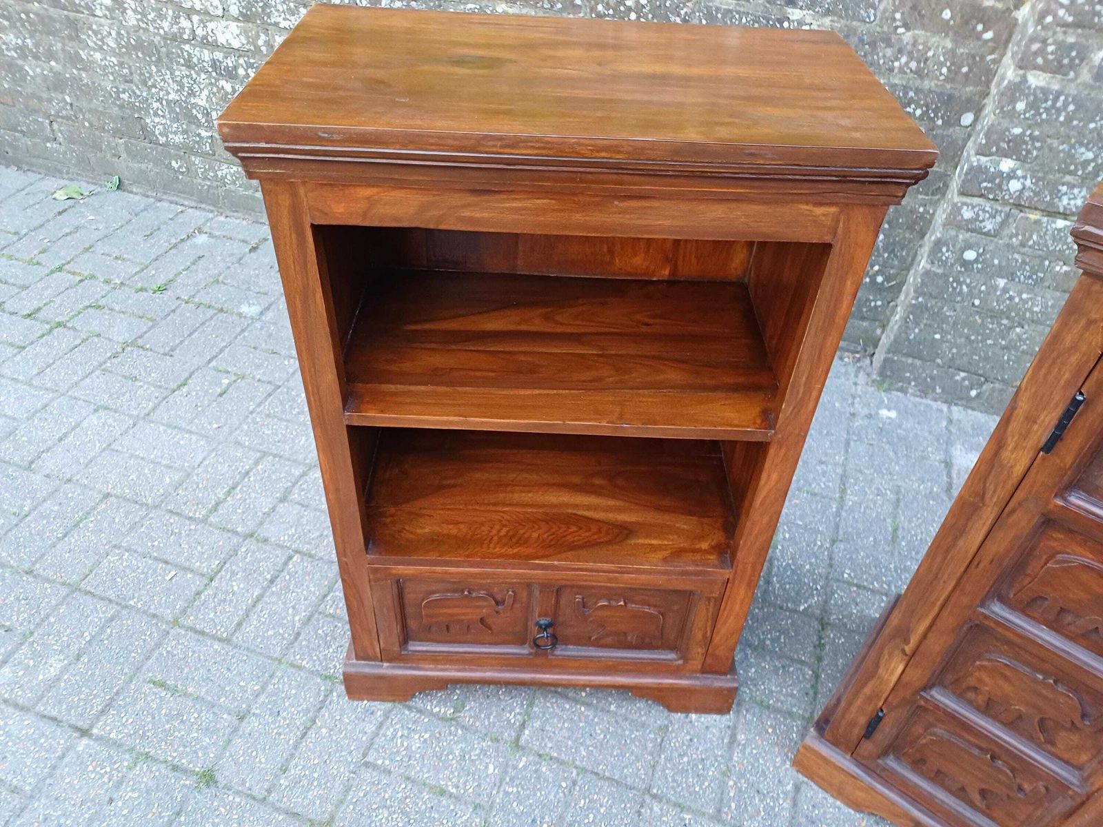 photo for sale Pair Vintage Teak Elephant Cupboards Shelving Unit Drawer Cabinet Mid Century Storage Solid Wood Bedside Cabinets