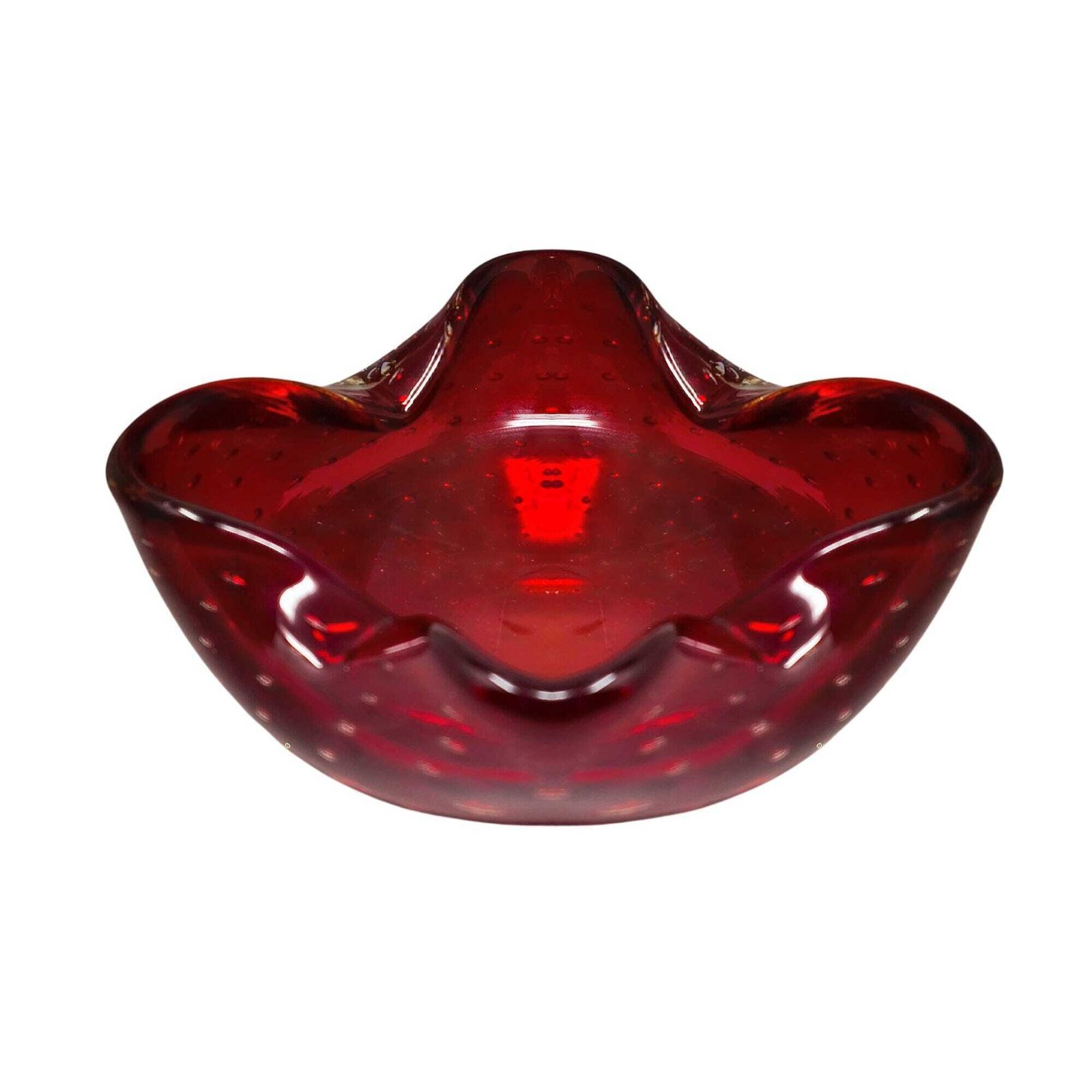 Cendrier ou vide-poche mid-century années 1960 en verre de Murano Bullicante rouge, par Flavio Poli