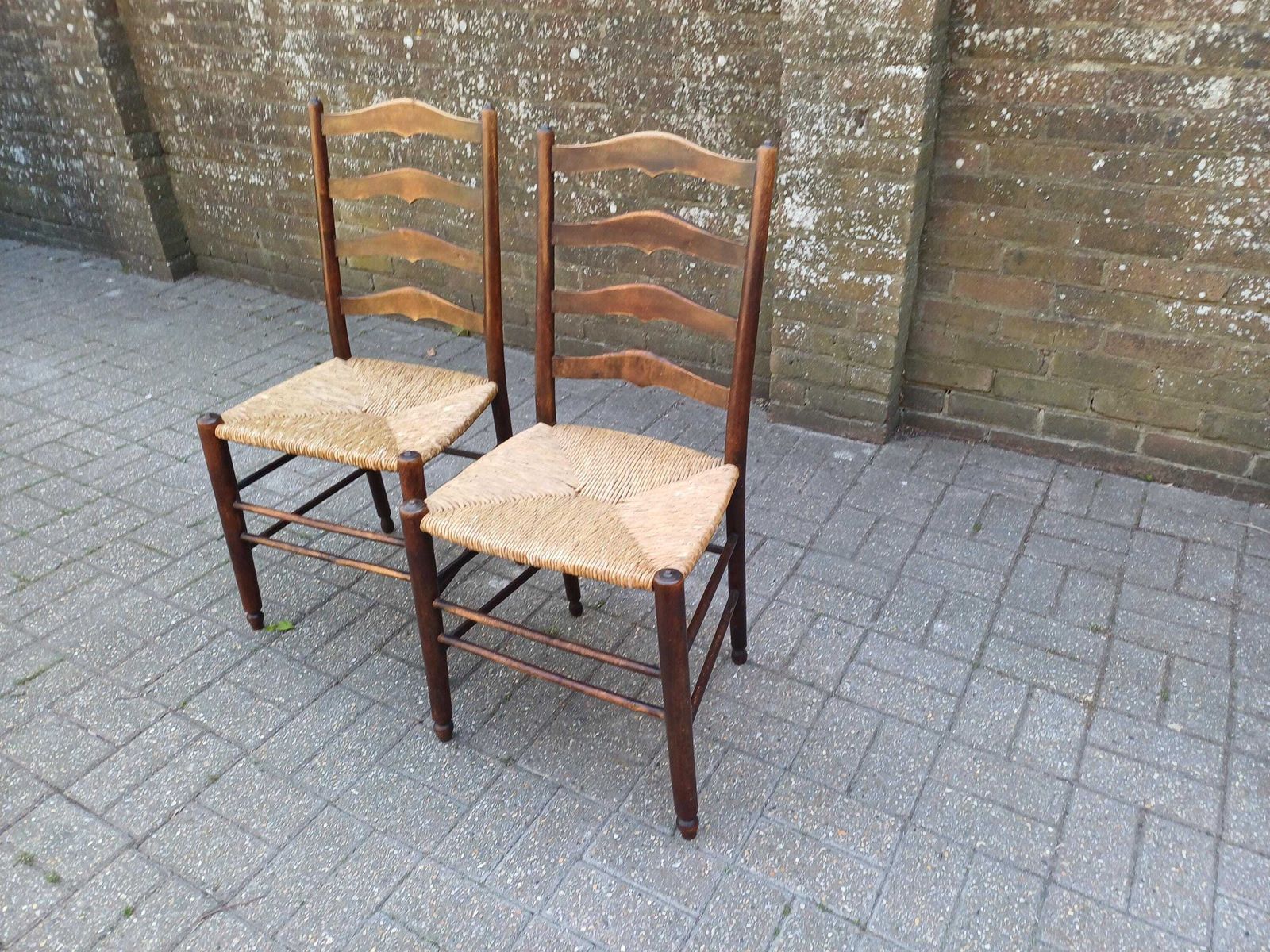Pair Antique Victorian Rush Seat Ladder Back Chairs Beech Mahogany Country Kitchen Dining Chairs Woven Seat Rustic photo vintage
