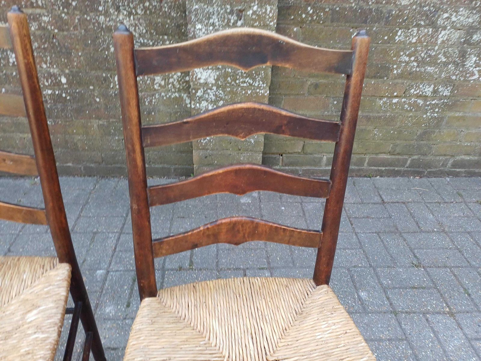 245.0 Pair Antique Victorian Rush Seat Ladder Back Chairs Beech Mahogany Country Kitchen Dining Chairs Woven Seat Rustic photo