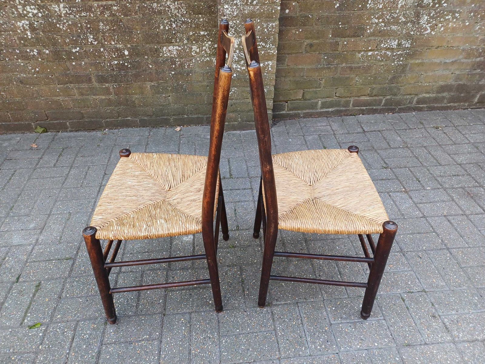 photo vinterior Pair Antique Victorian Rush Seat Ladder Back Chairs Beech Mahogany Country Kitchen Dining Chairs Woven Seat Rustic