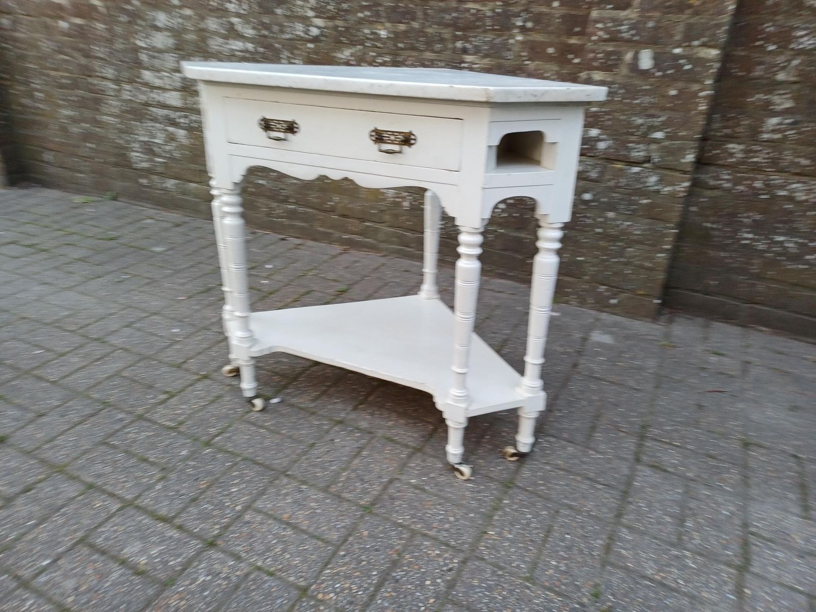 Victorian Marble Top Washstand Painted Antique Side Table Cupboard Storage Brass Handles Turned Legs photo Furniture
