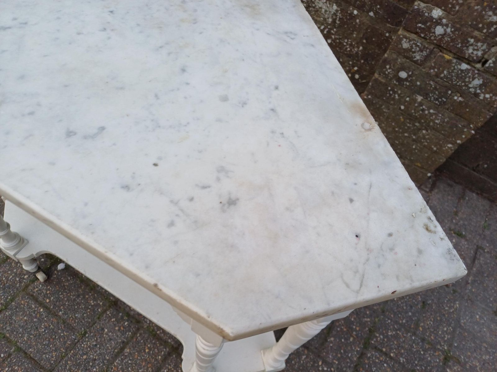 Victorian Marble Top Washstand Painted Antique Side Table Cupboard Storage Brass Handles Turned Legs photo vintage