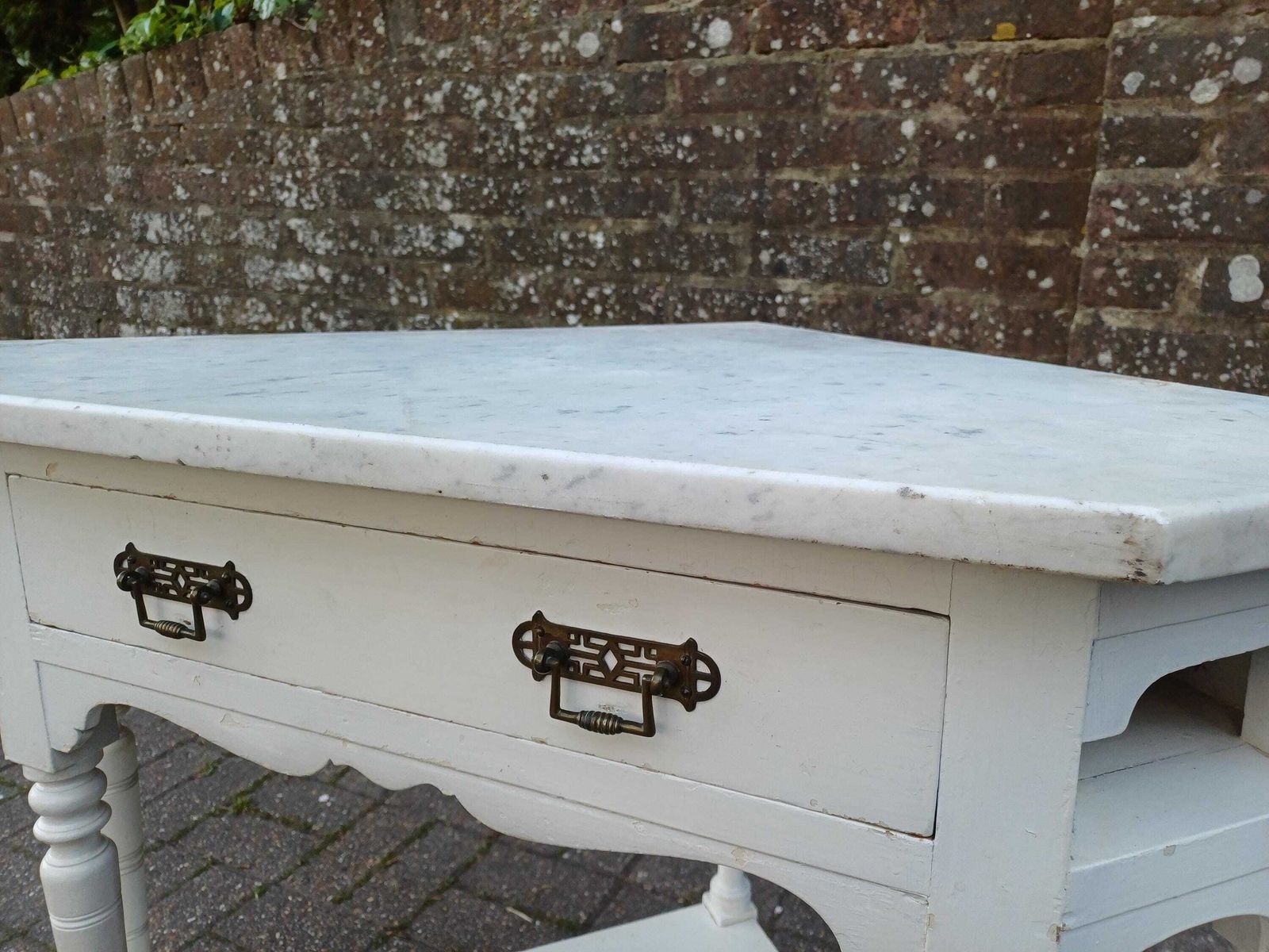 photo for sale Victorian Marble Top Washstand Painted Antique Side Table Cupboard Storage Brass Handles Turned Legs