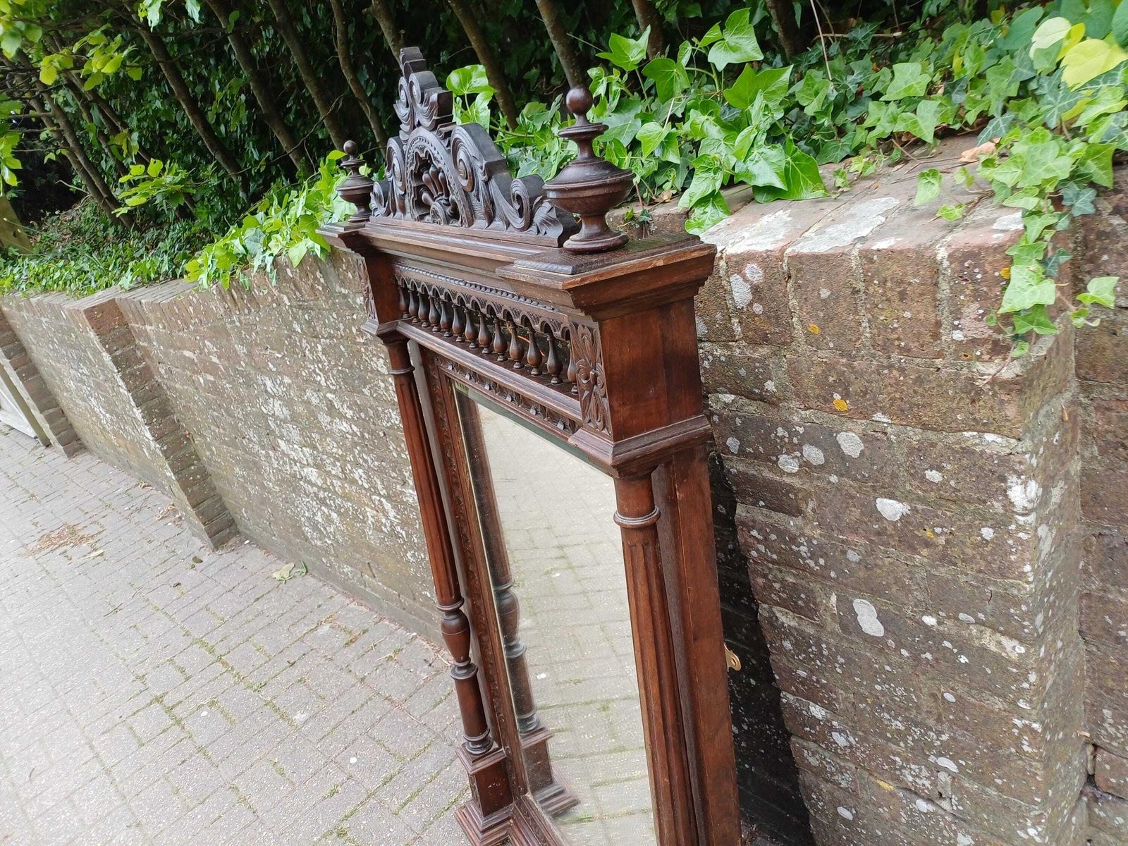 Home Decor Antique French Over Mantel Mirror Carved Oak Ornate Wall Mirror Bevelled Glass Decorative Pediment Columns photo