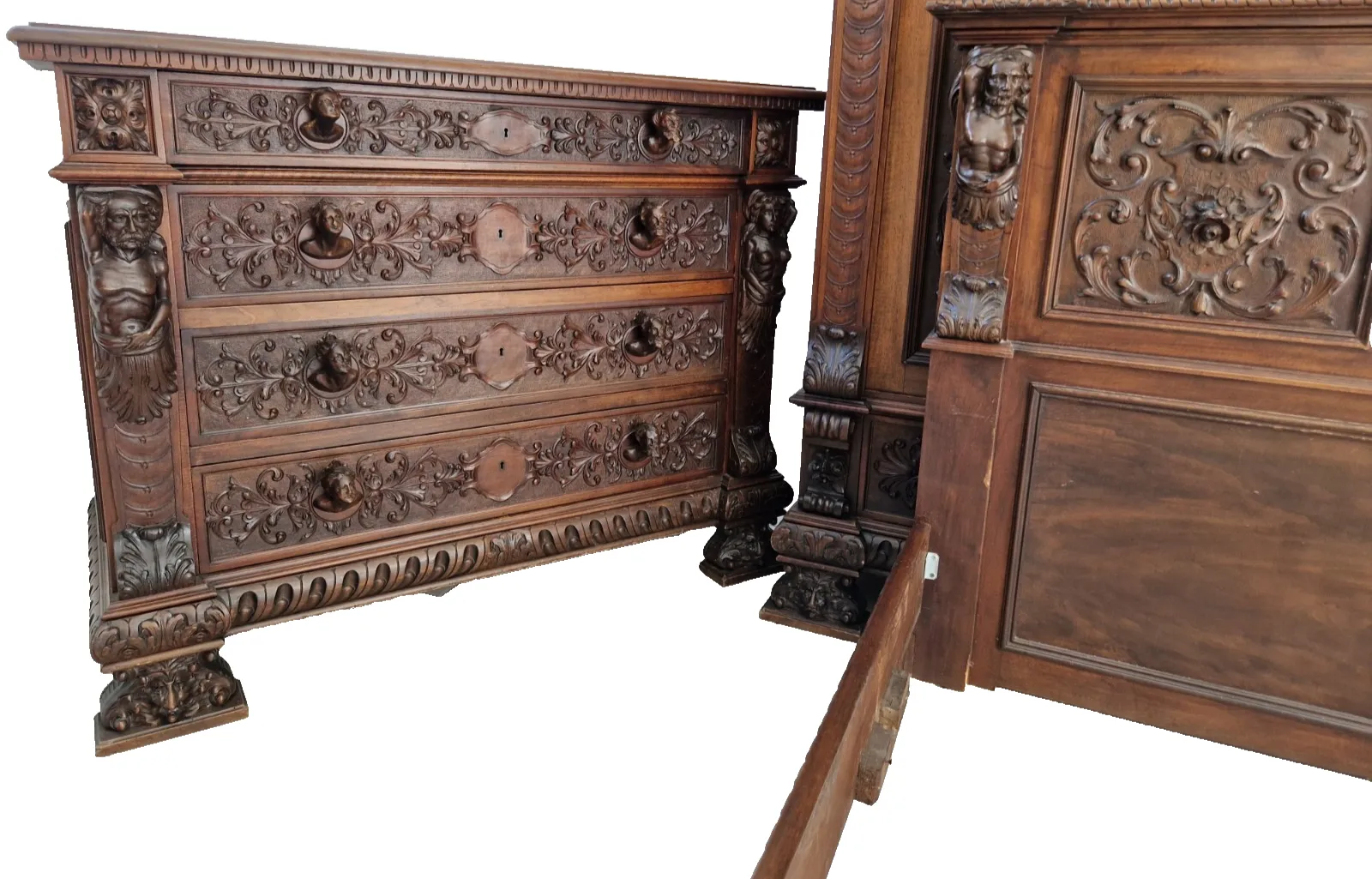 Furniture Antique Renaissance Bedroom Set King Size Bed Carved Walnut Italian Gothic Style photo