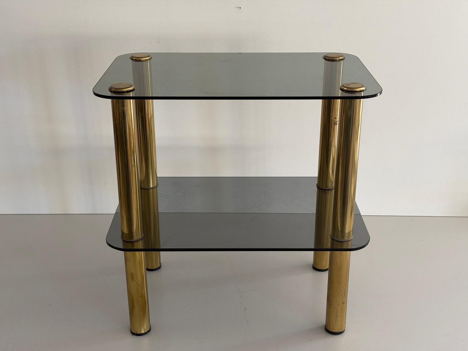 Mid Century Modern Greenish Thick Glass And Brass Legs Side Table, 1960s, Italy