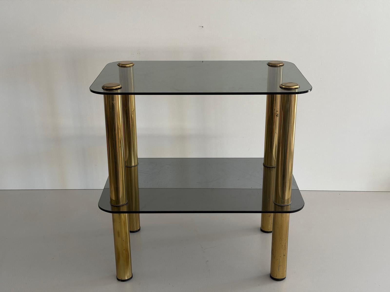 Mid Century Modern Greenish Thick Glass And Brass Legs Side Table, 1960s, Italy photo for sale
