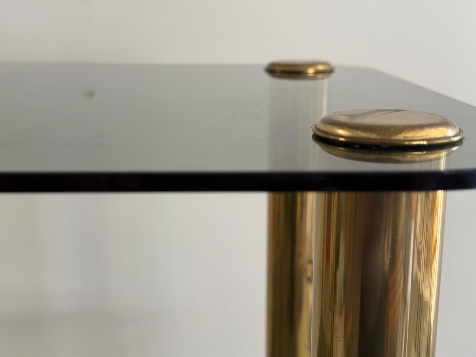 photo furniture Mid Century Modern Greenish Thick Glass And Brass Legs Side Table, 1960s, Italy