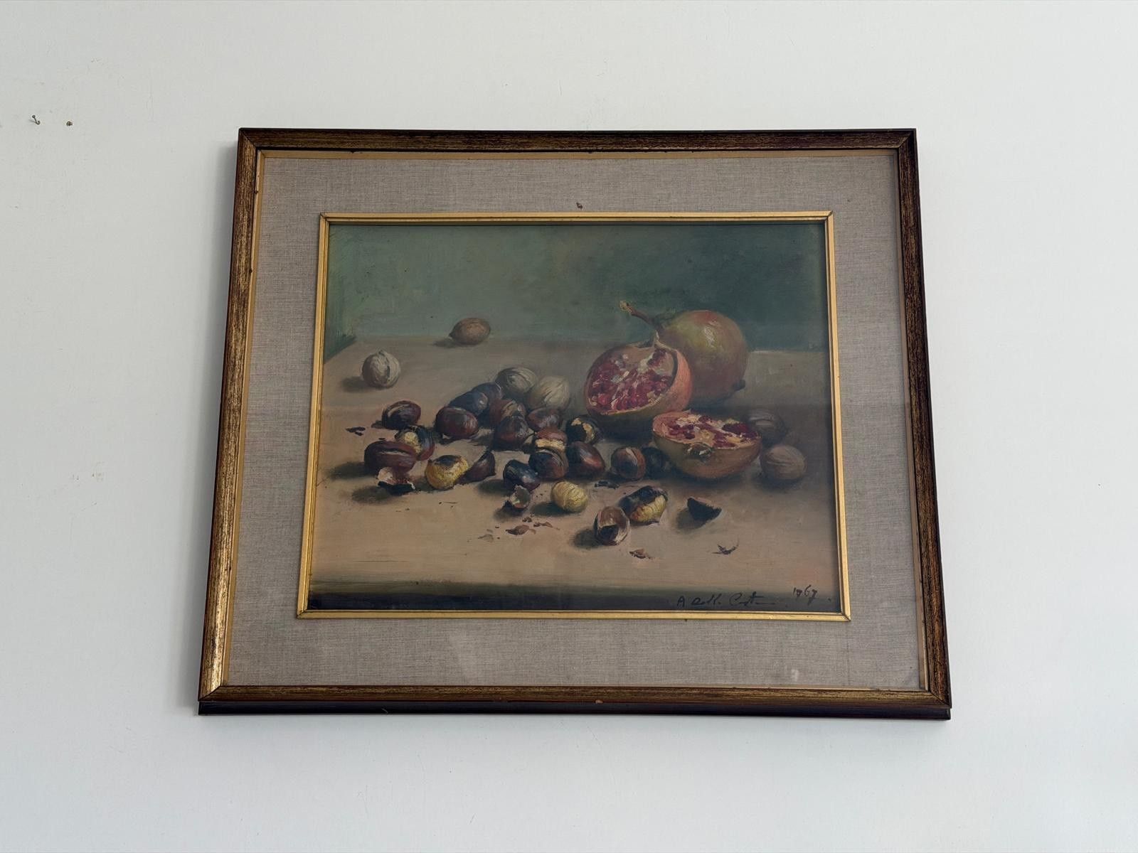 Still Life With Pomegranates And Nuts Signed Oil Painting On Canvas, 1967, Italy photo furniture
