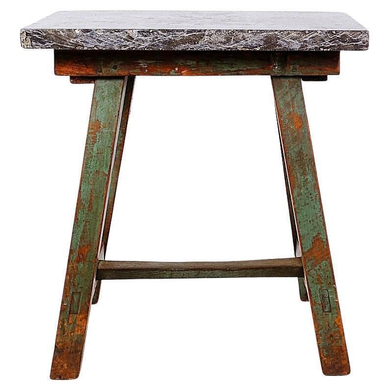 Industrial Console/Table Bluestone Top And Green Weathered Wood   20th