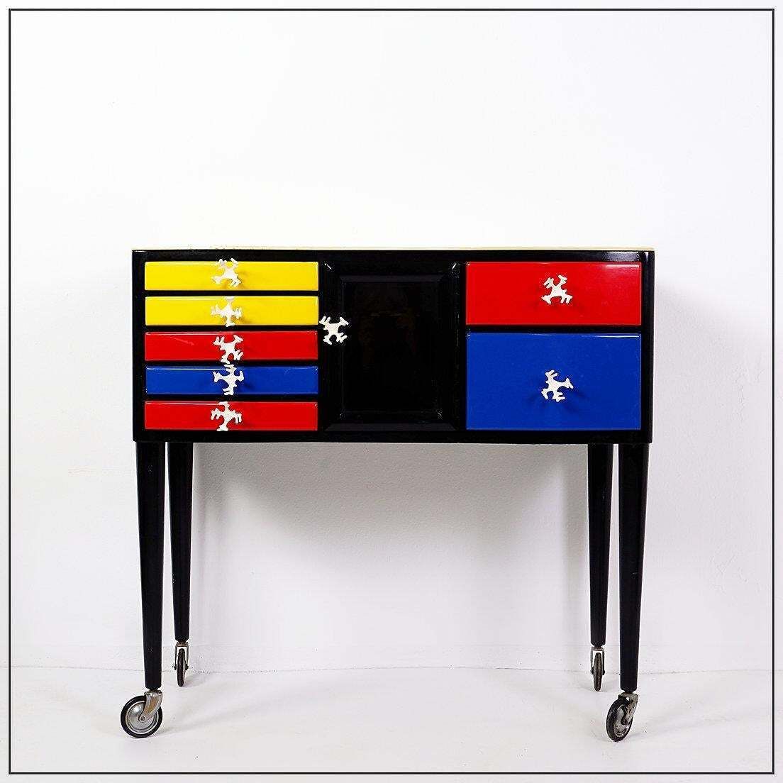 1950s Modern Wood Lacquered Mondrian Colors Dental Cabinet, 87\" H photo furniture