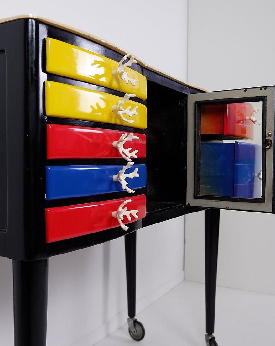 1950s Modern Wood Lacquered Mondrian Colors Dental Cabinet, 87\" H photo Furniture