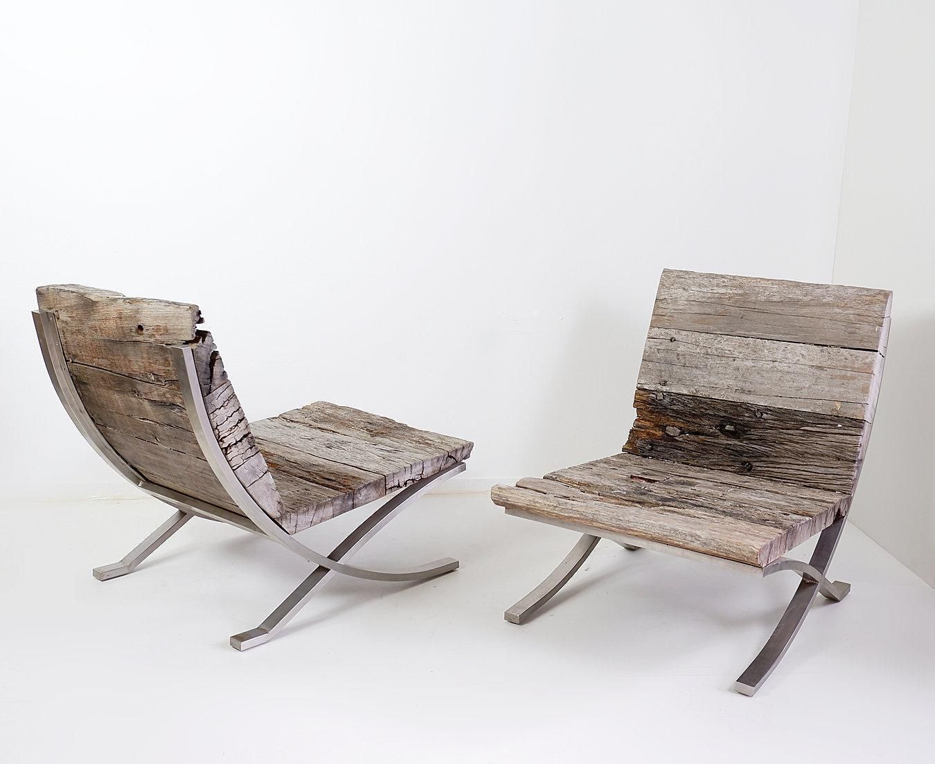 Brutalist Lounge Chairs, Polished Chrome And Wood, 20th Century, Pair photo for sale