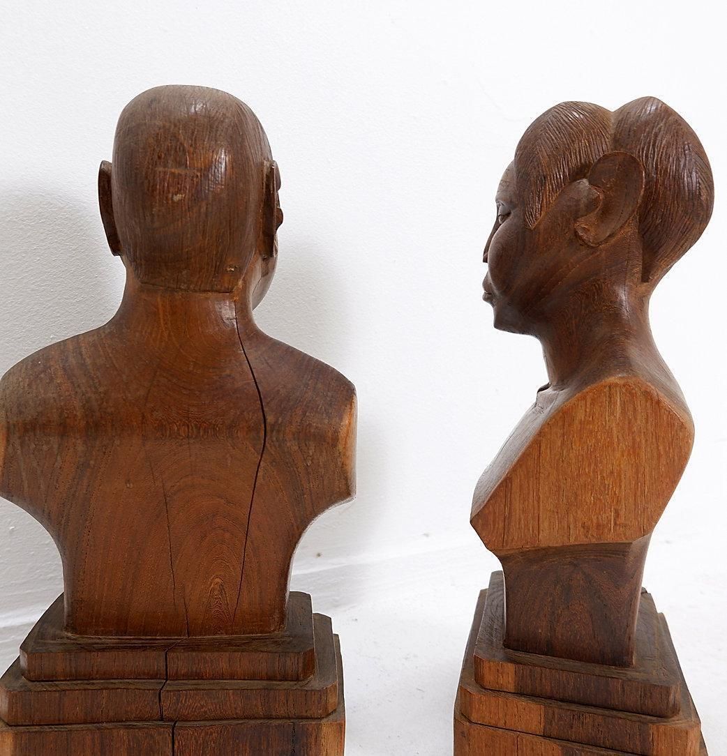 Pair Of Hand Carved Wooden Woman/Man Bust Statues   20th photo furniture