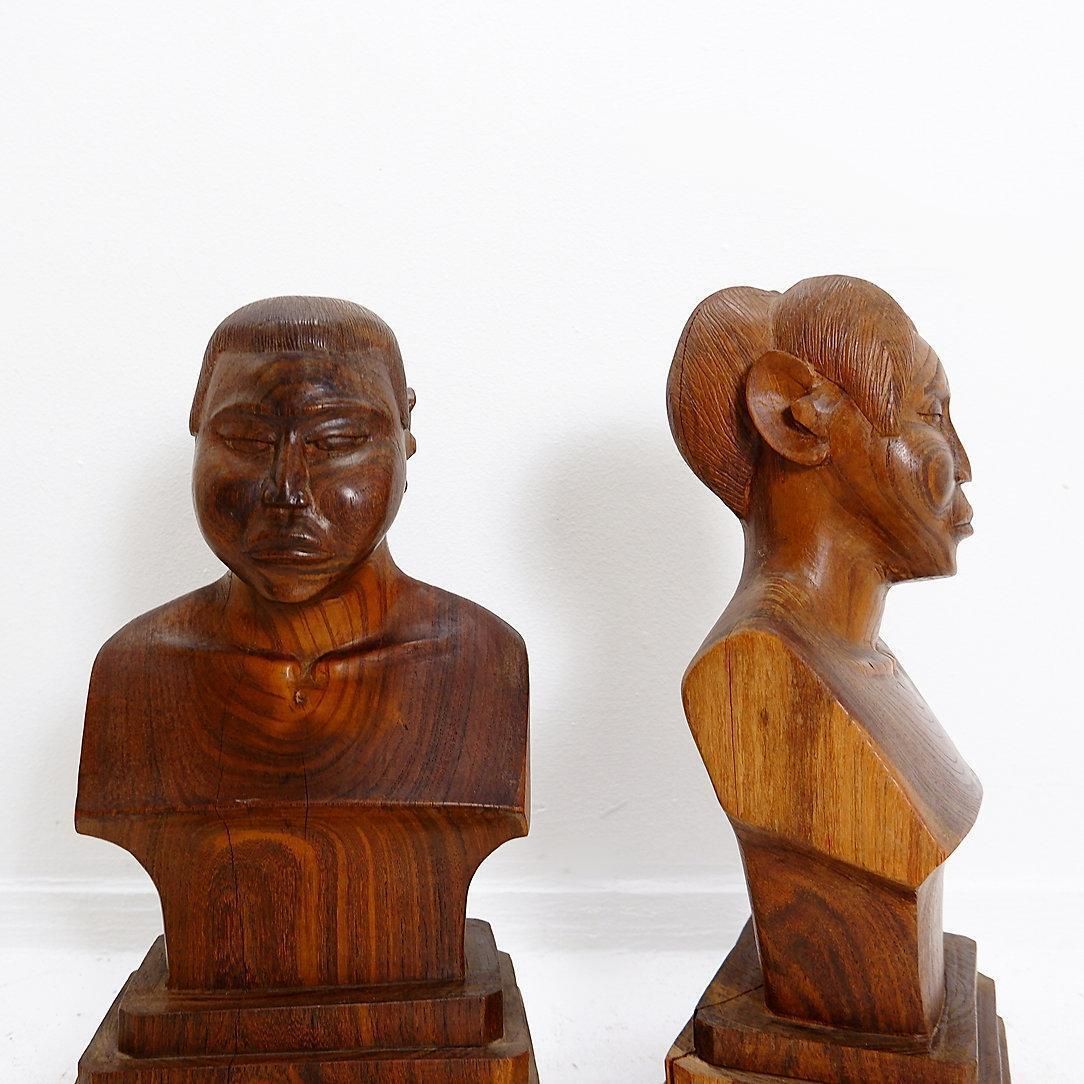 Pair Of Hand Carved Wooden Woman/Man Bust Statues   20th photo Art
