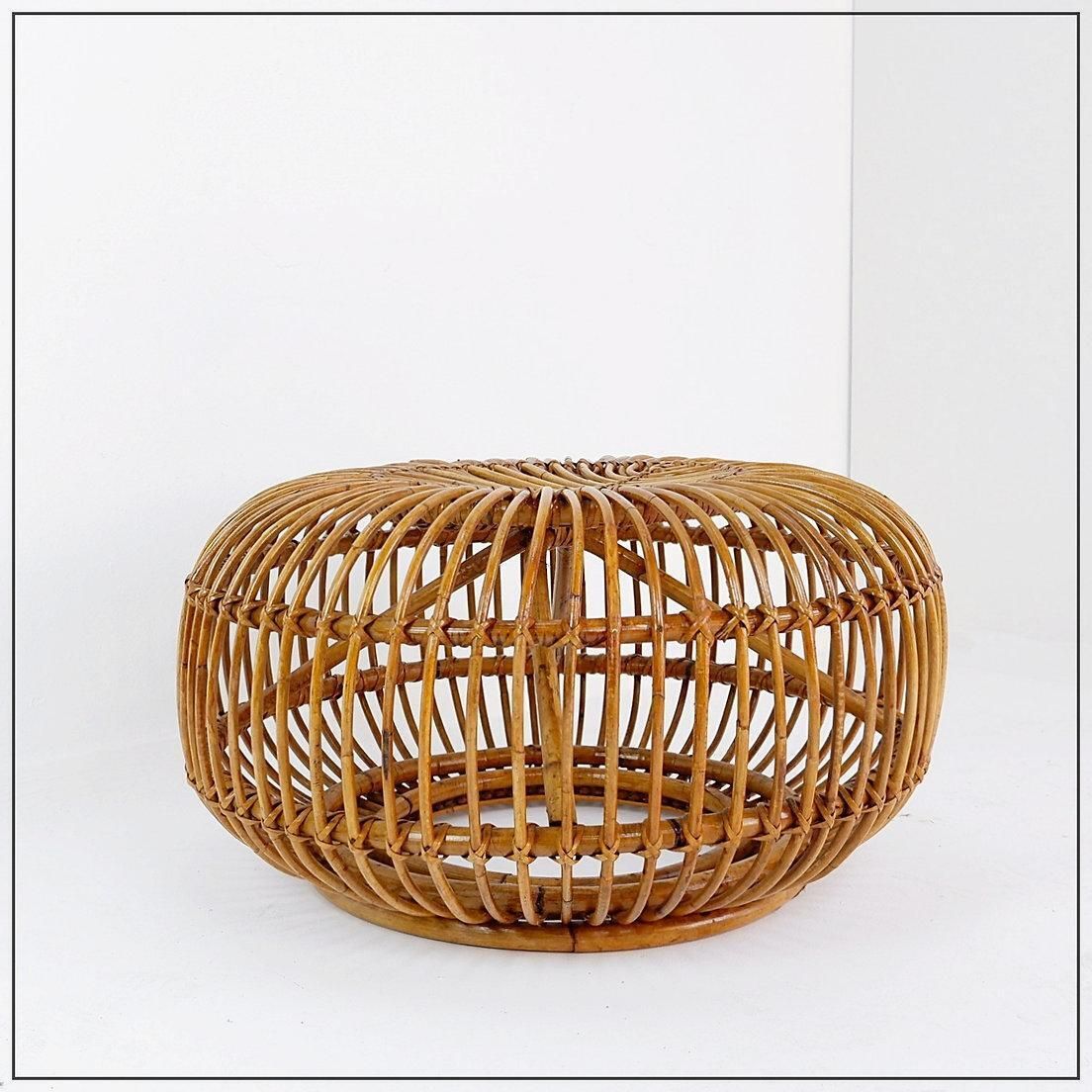 Mid Century Modern Vintage Rattan Pouf In The Style Of Albini 1960s photo for sale
