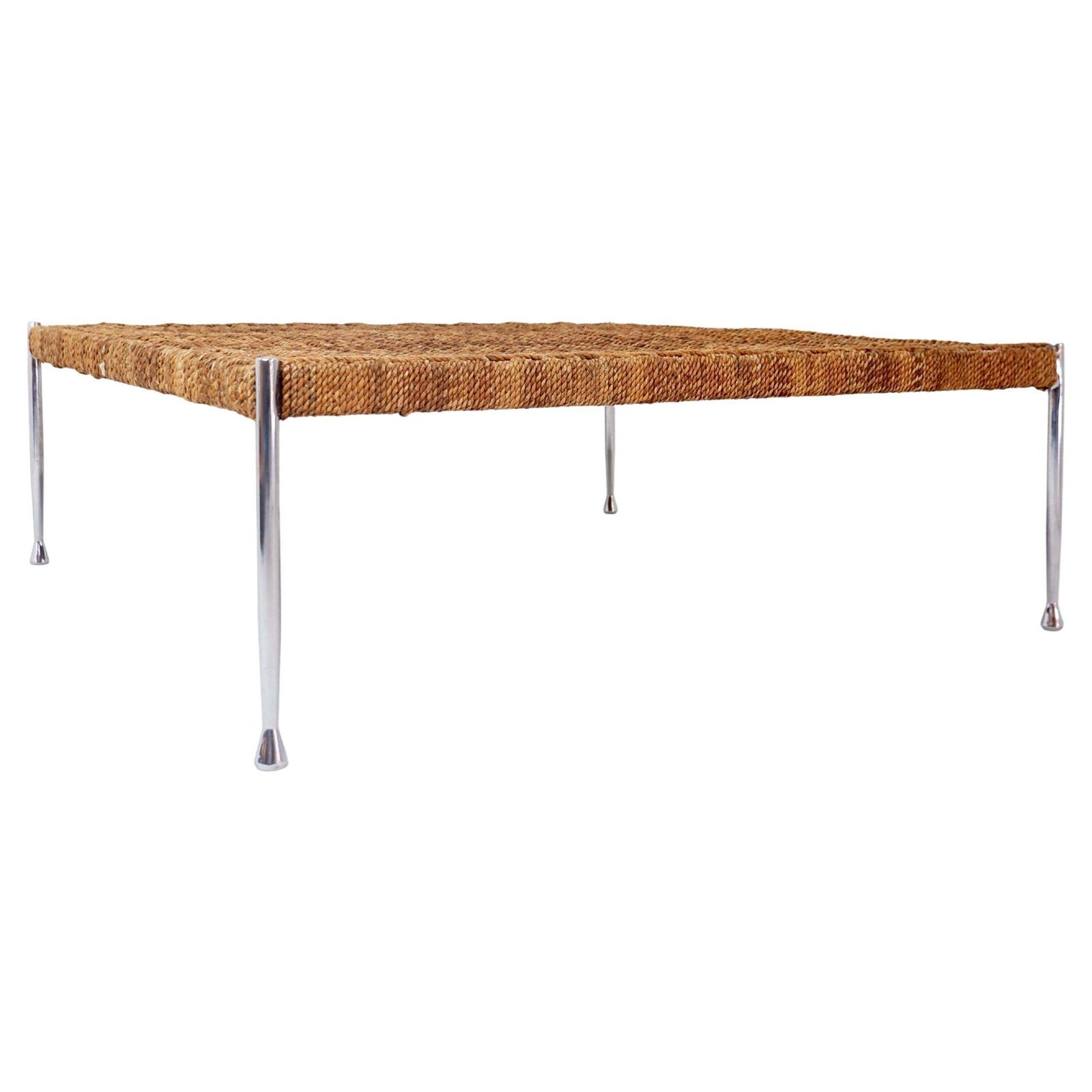 Modern Large Square Coffee Table In Chrome Steel And Rope, Circa 1990