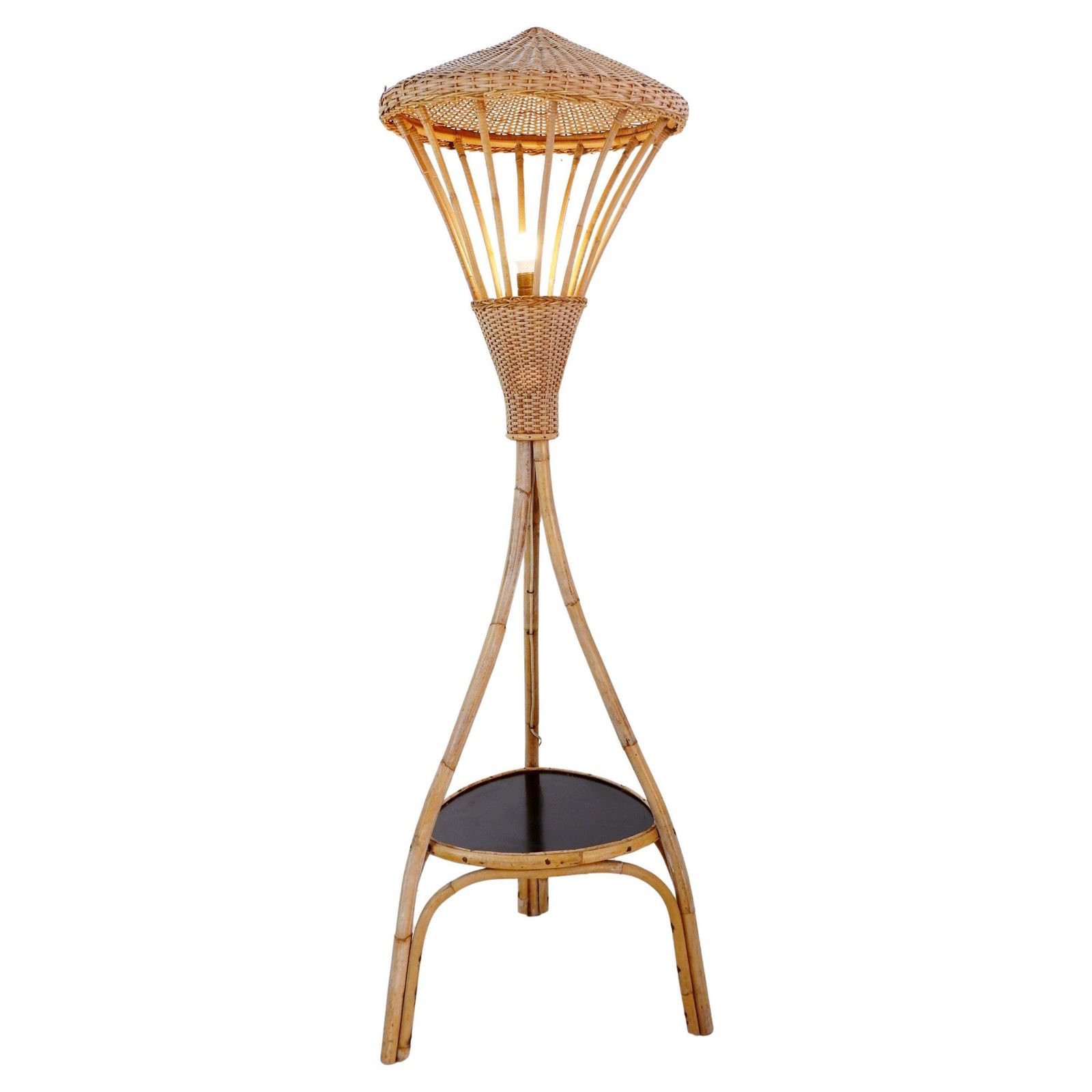 Mid Century Rattan Floor Lamp, Tripod Design, Bohemian Style, 1950s