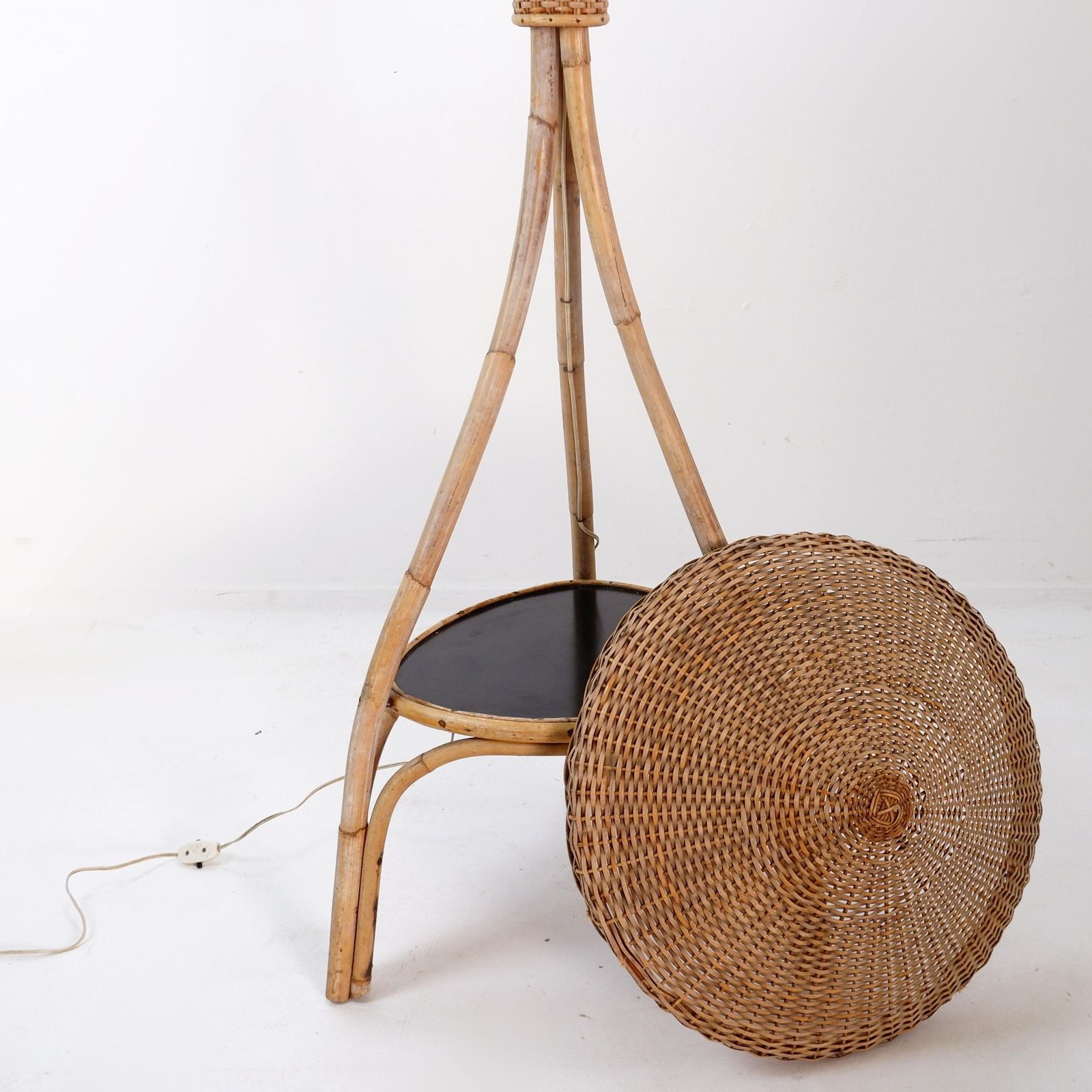 photo furniture Mid Century Rattan Floor Lamp, Tripod Design, Bohemian Style, 1950s