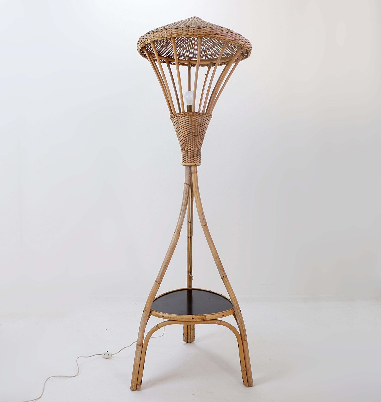 photo buy Mid Century Rattan Floor Lamp, Tripod Design, Bohemian Style, 1950s