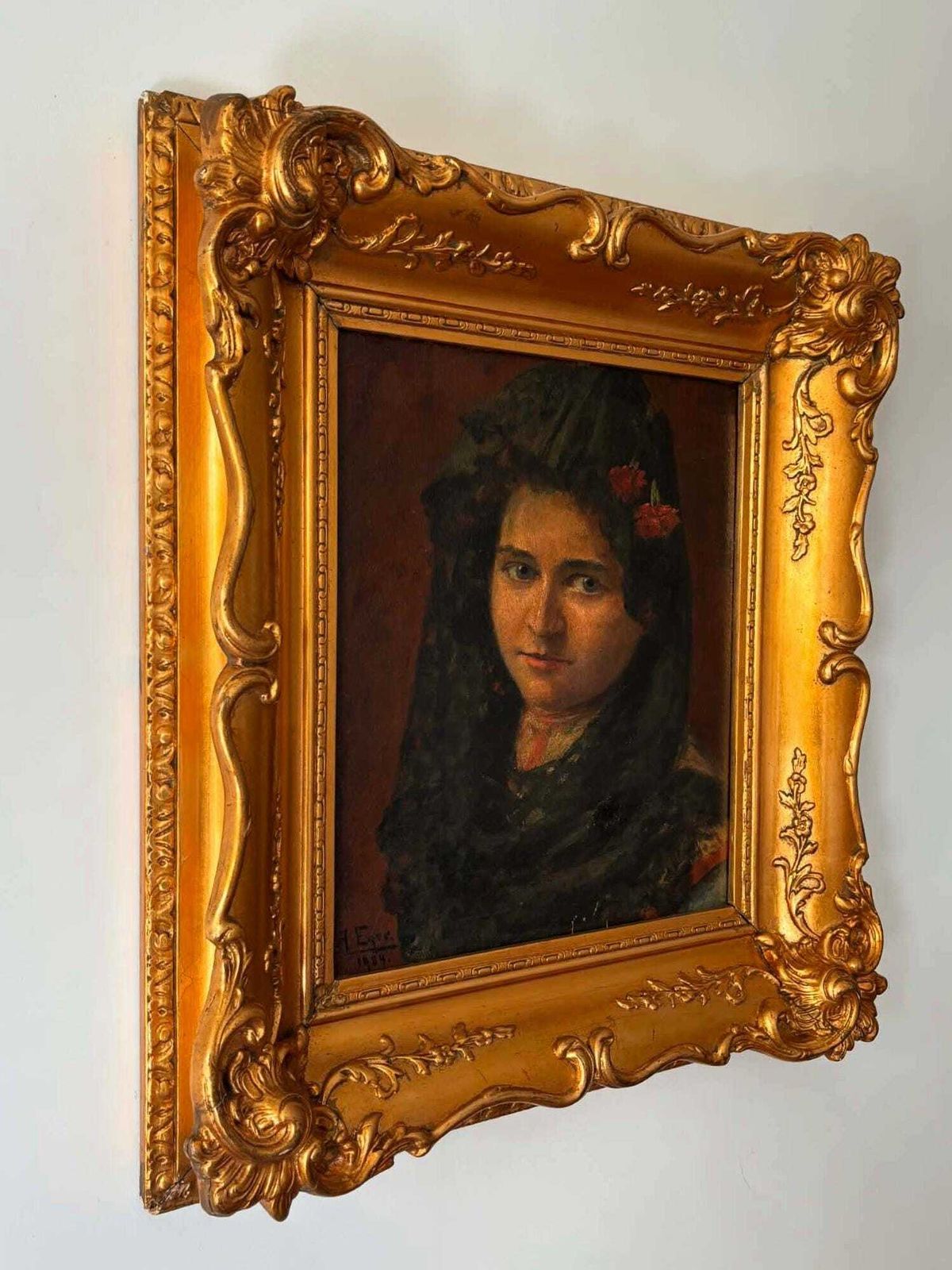 Antique 1904 Portrait Painting Signed Agnes Eger, Original Oil Painting With Ornate Gold Frame, Victorian Style Art, Moody Dark Painting photo Art