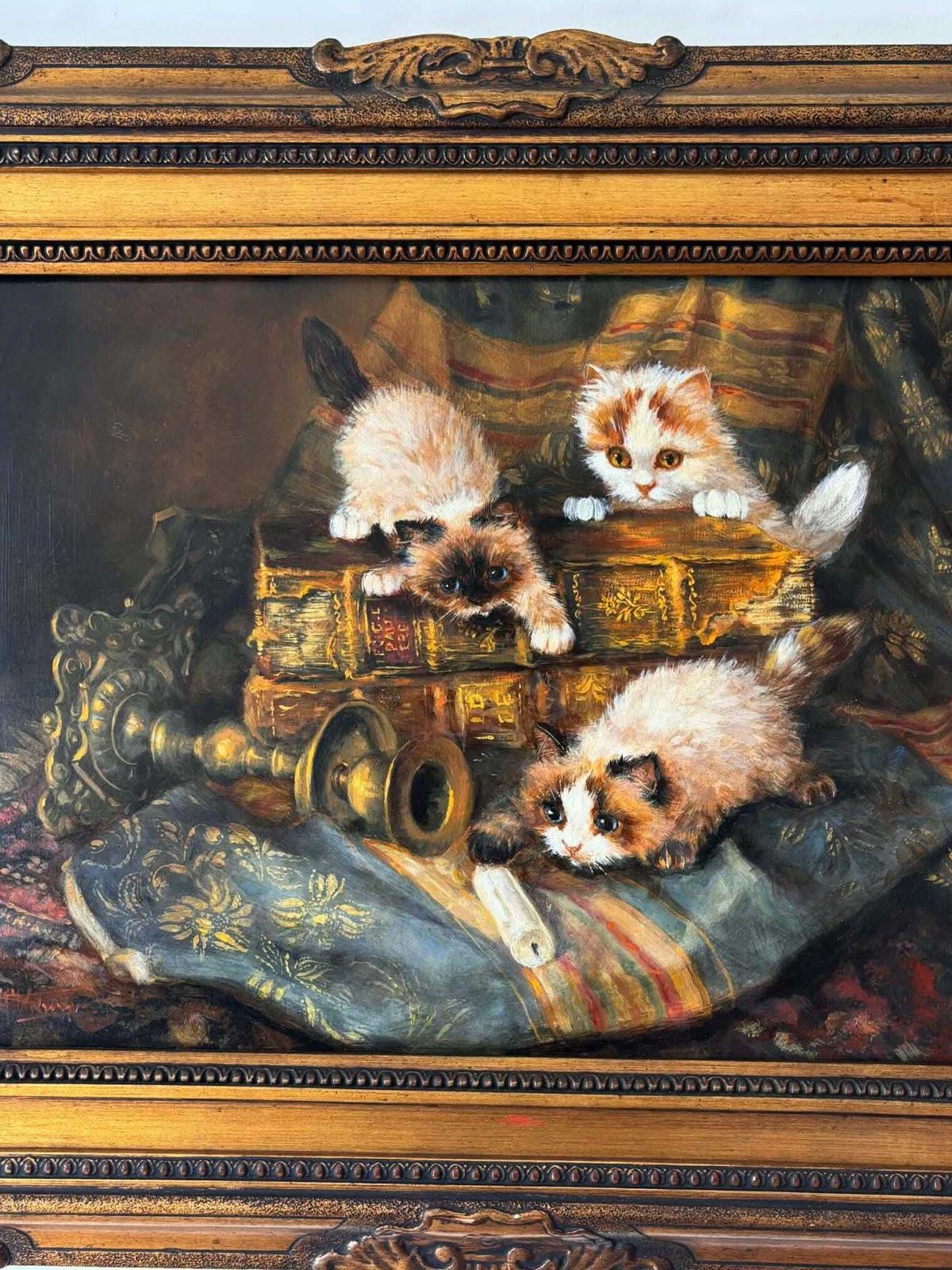 Vintage Oil Painting Kittens Playing, Ornate Gold Frame, Antique Style Cat Art, Collectible Animal Painting photo Art