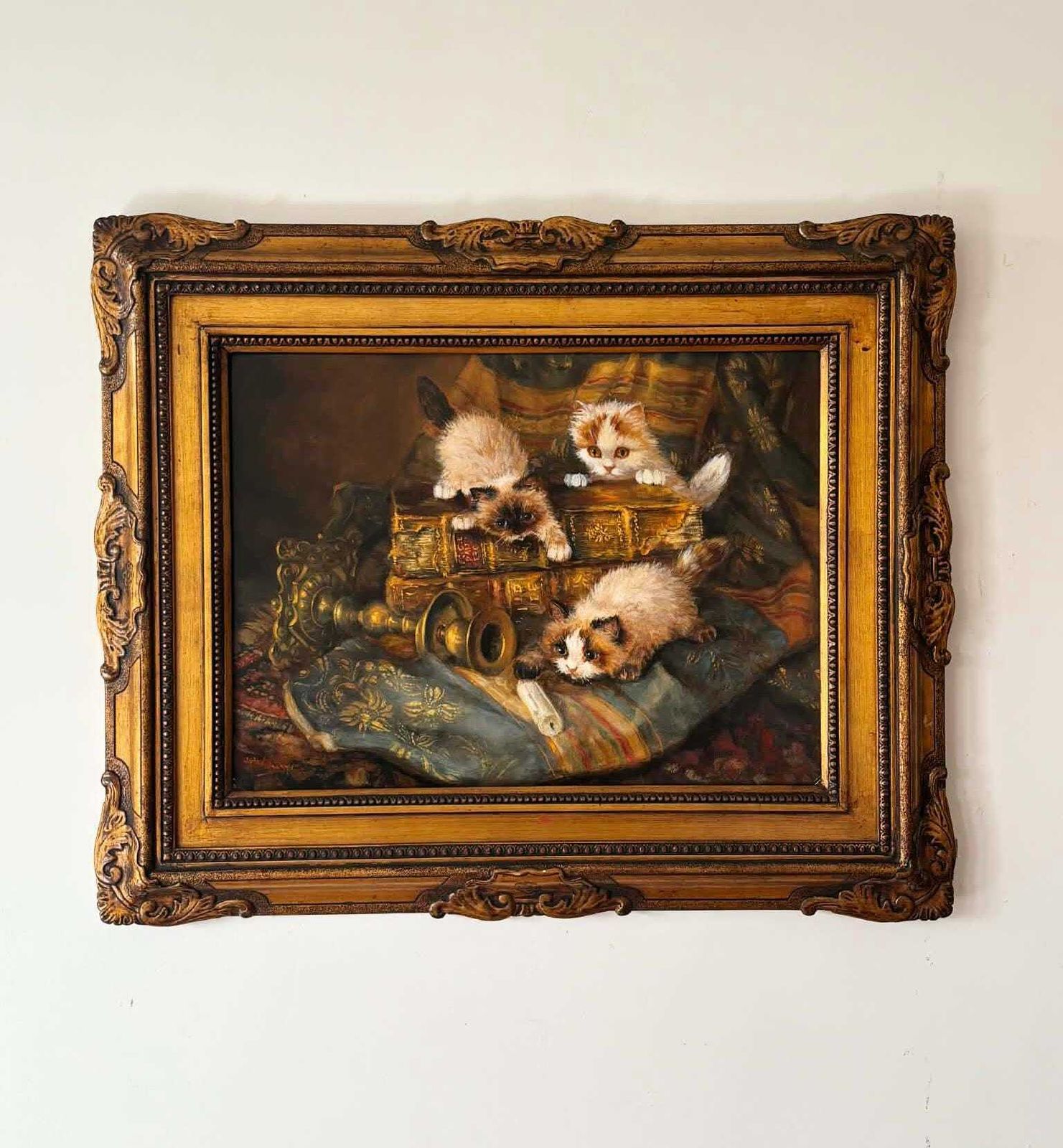 Vintage Oil Painting Kittens Playing, Ornate Gold Frame, Antique Style Cat Art, Collectible Animal Painting photo vinterior