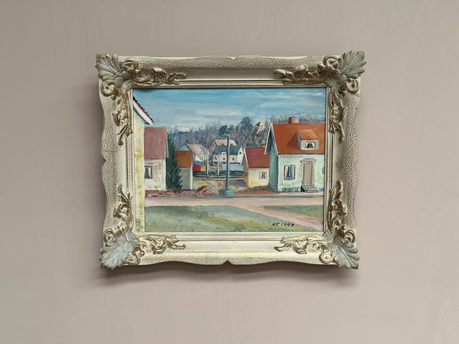 photo furniture Original| Mid Century Oil On Canvas – “Village Street With Houses” By N.T. – Dated 1949 – Vintage & Framed – 37 × 44 Cm (14.6" × 17.3")