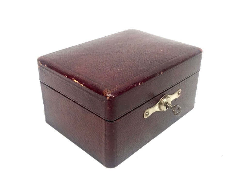 Antique Edwardian Leather Jewellery / Trinket Box With Key &Amp; Working Lock C.1910 photo for sale