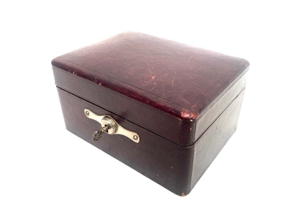 Antique Edwardian Leather Jewellery / Trinket Box With Key &Amp; Working Lock C.1910 photo vinterior
