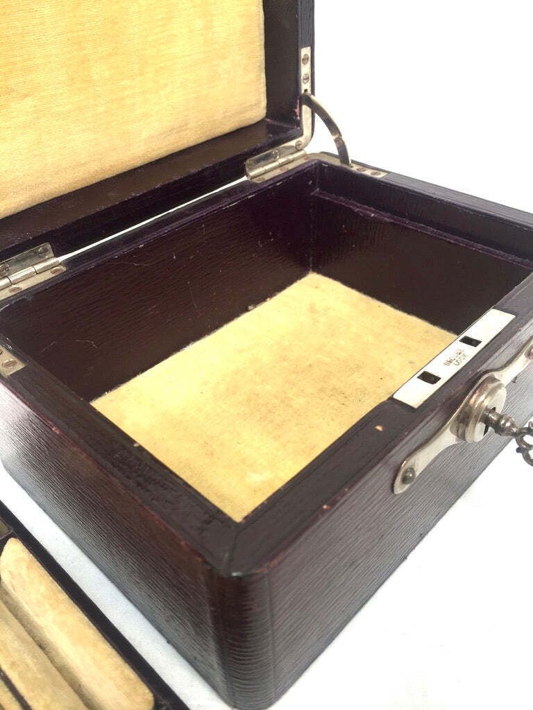 Home Decor Antique Edwardian Leather Jewellery / Trinket Box With Key &Amp; Working Lock C.1910 photo