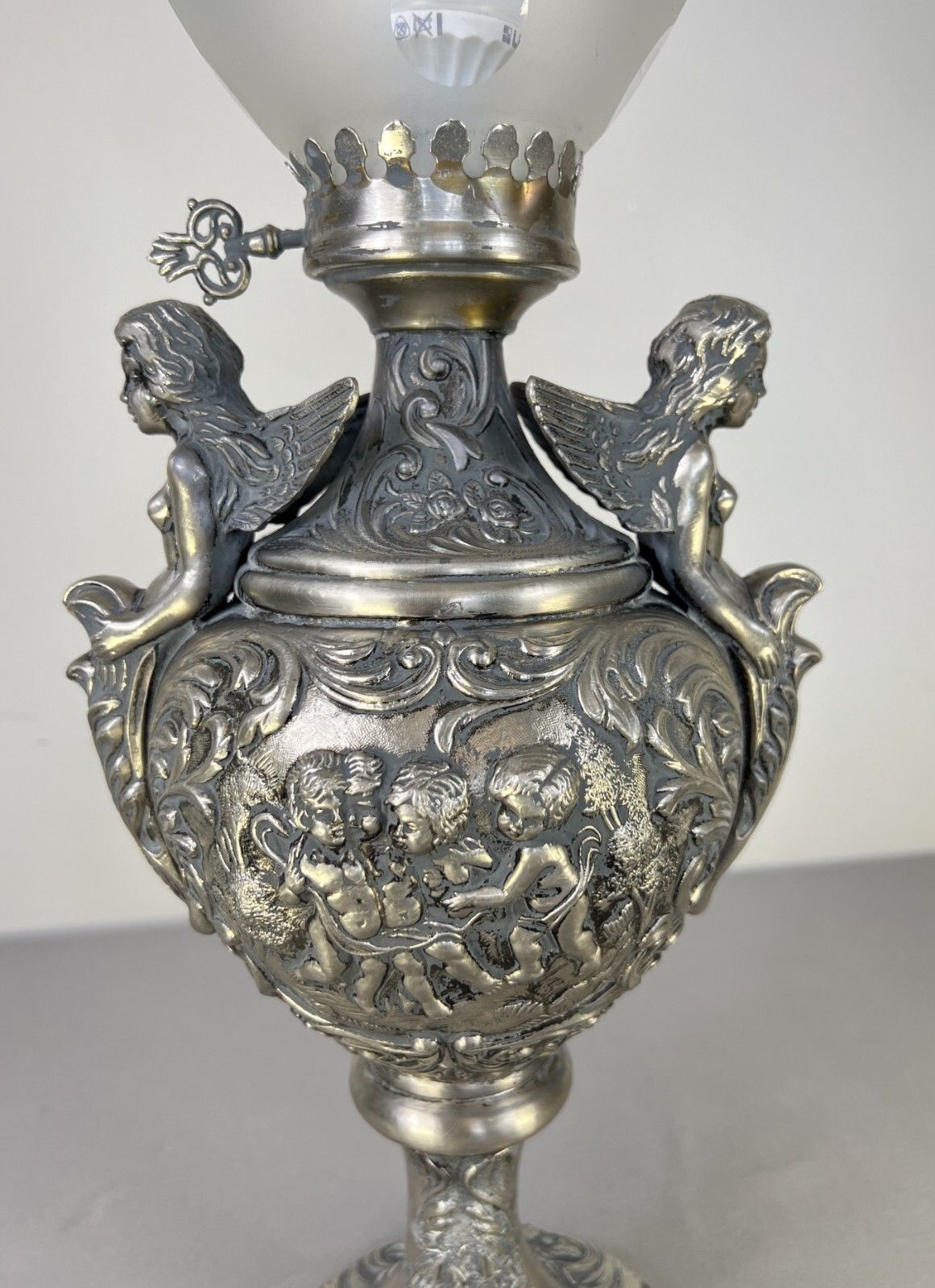 Lamp Antique Style Pewter Angel Table Lamp Pleated Glass Shade Lot 5169 photo 249.0