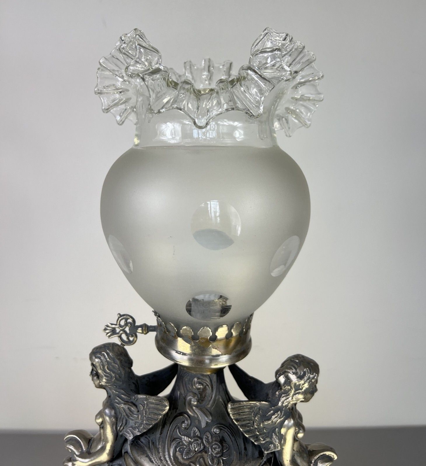 photo for sale Lamp Antique Style Pewter Angel Table Lamp Pleated Glass Shade Lot 5169