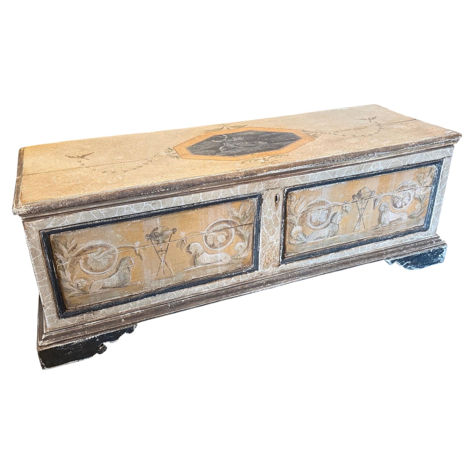 19th Century Neoclassical Revival Hand Painted Wood Italian Blanket Chest