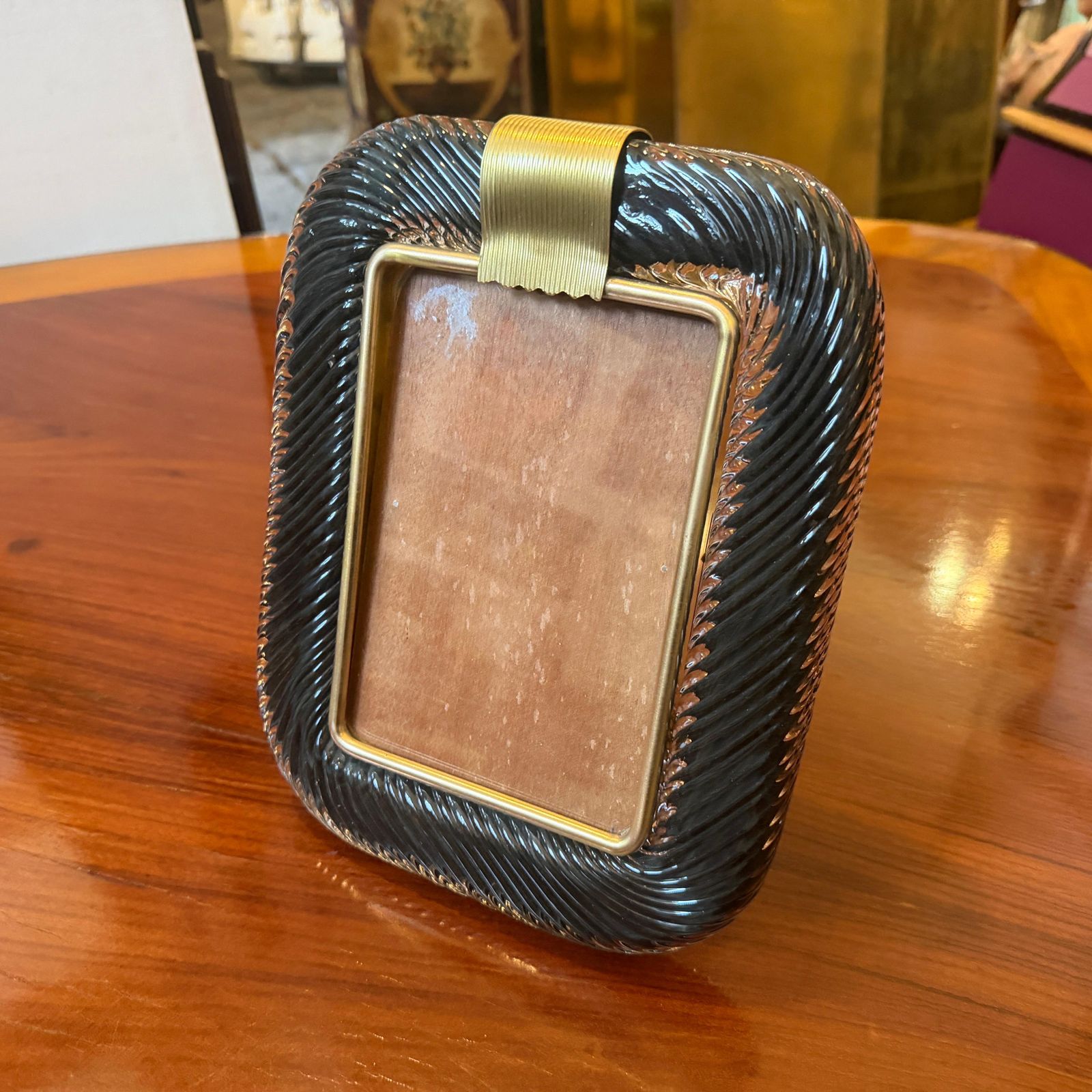 1990s Barovier Style Art Deco Black Murano Glass And Brass Picture Frame photo vintage