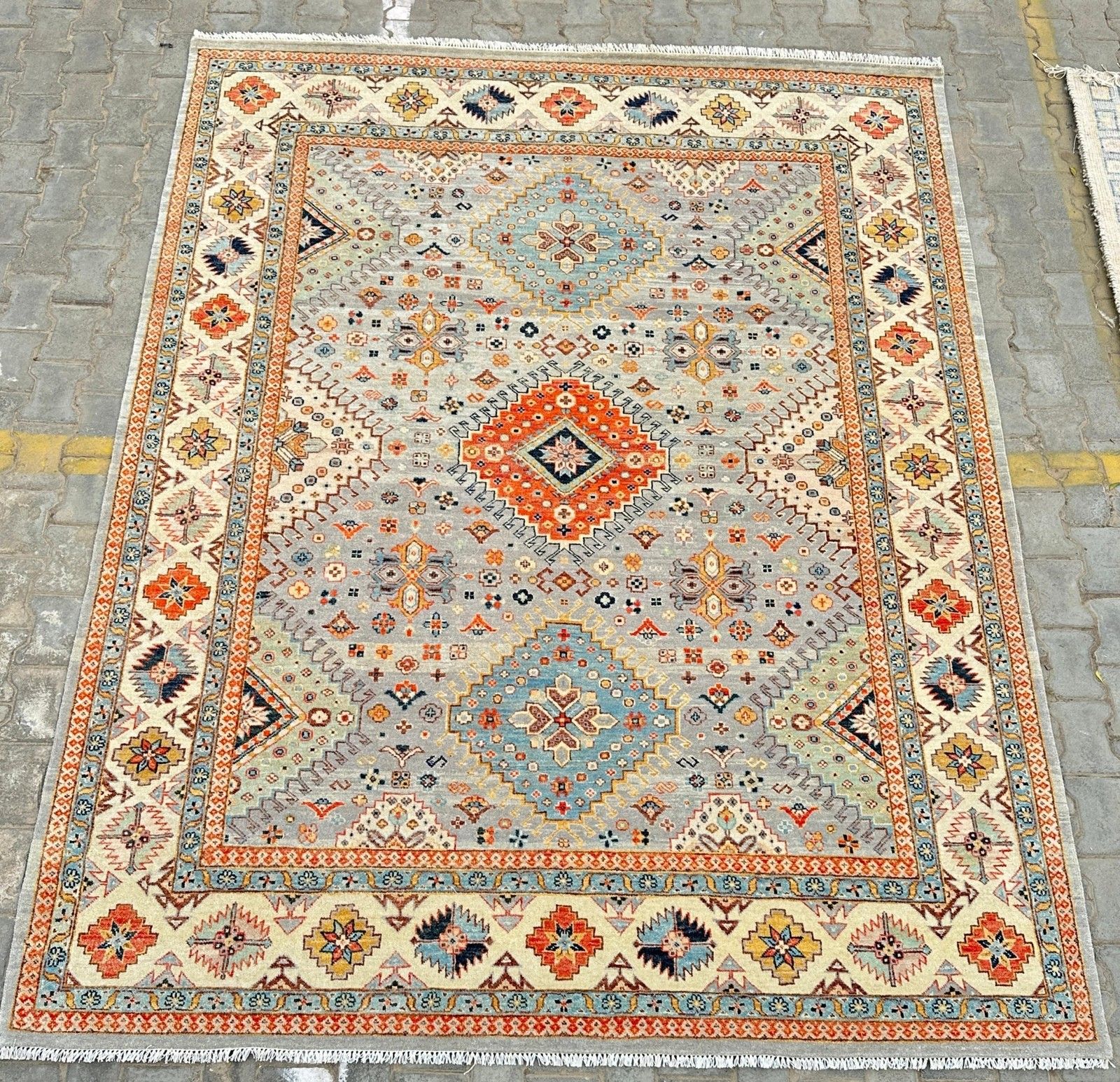8x10 Ft Modern Handgeknoopt Wollen Vloerkleed, Blauw Geometrisch Medaillonontwerp Tapijt photo for sale