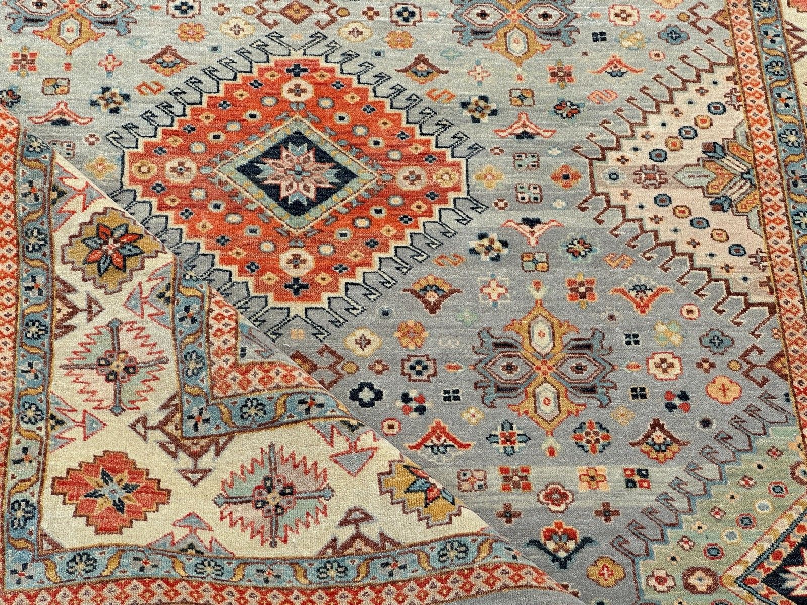 Tapis en laine noué à la main, motif médaillon géométrique bleu, 245 x 305 cm (8 x 10 ft), moderne photo 2843.0