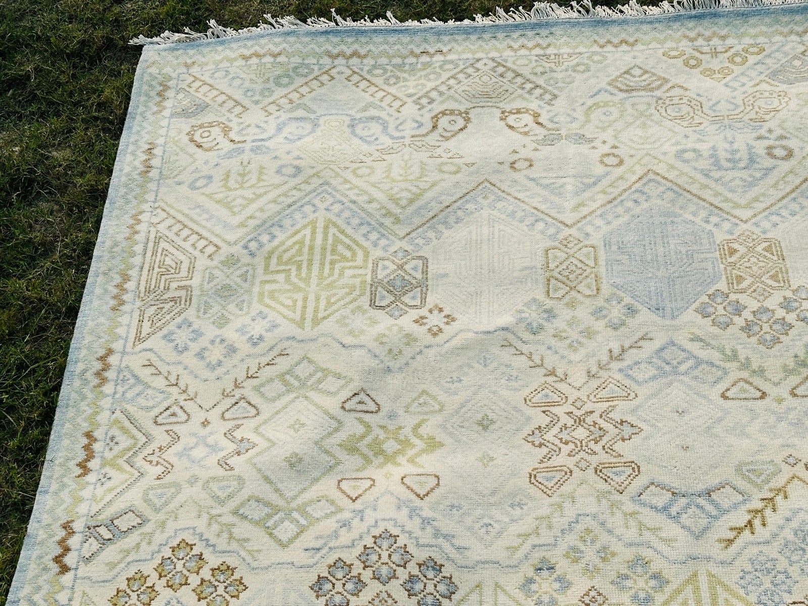Tapis Oushak en laine noué à la main, 245 x 305 cm (8 x 10 ft). Motif géométrique beige photo 2112.0