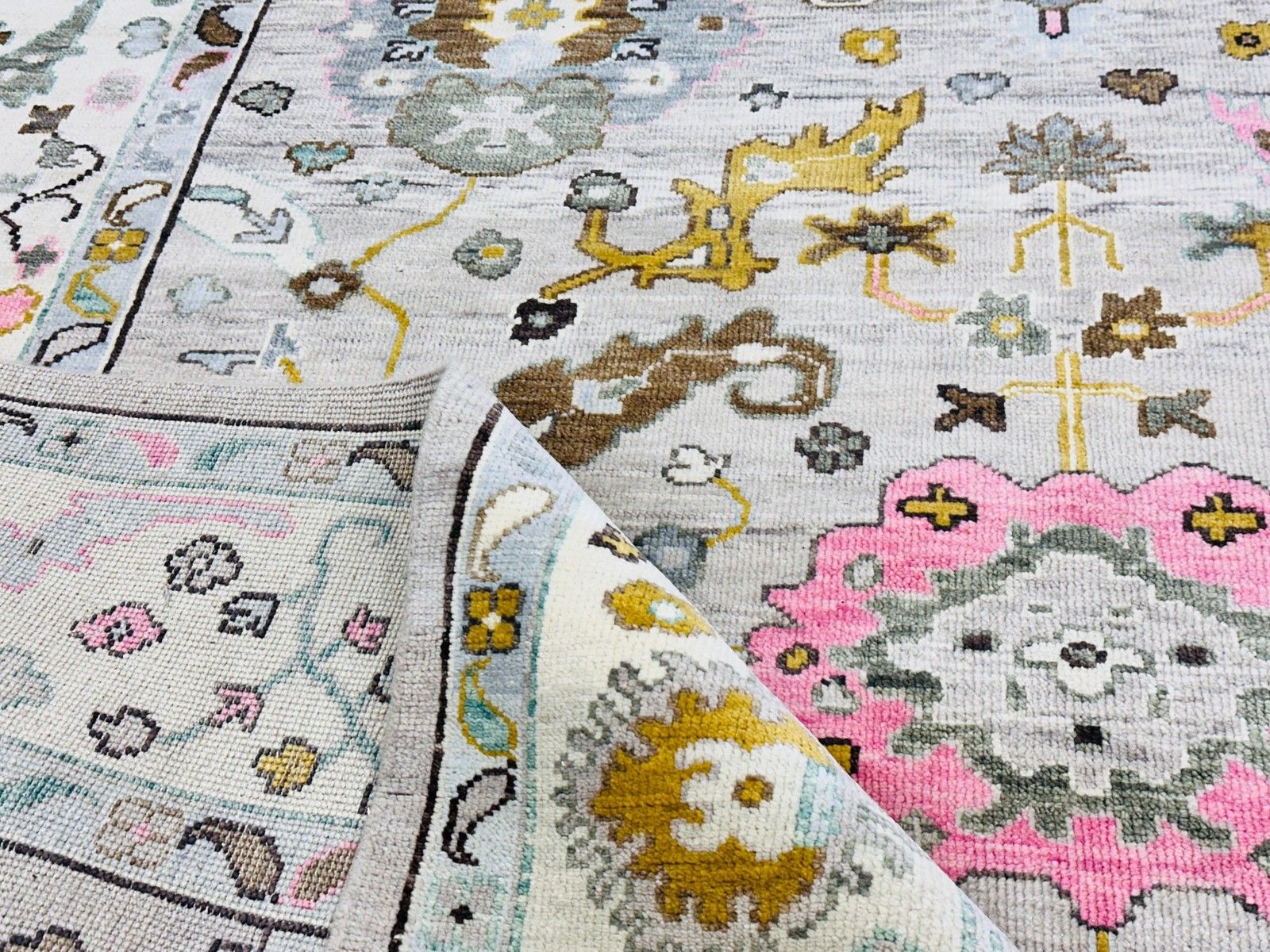 Tapis Oushak noué à la main 245 x 305 cm pour salon, motif floral ivoire photo 2112.0